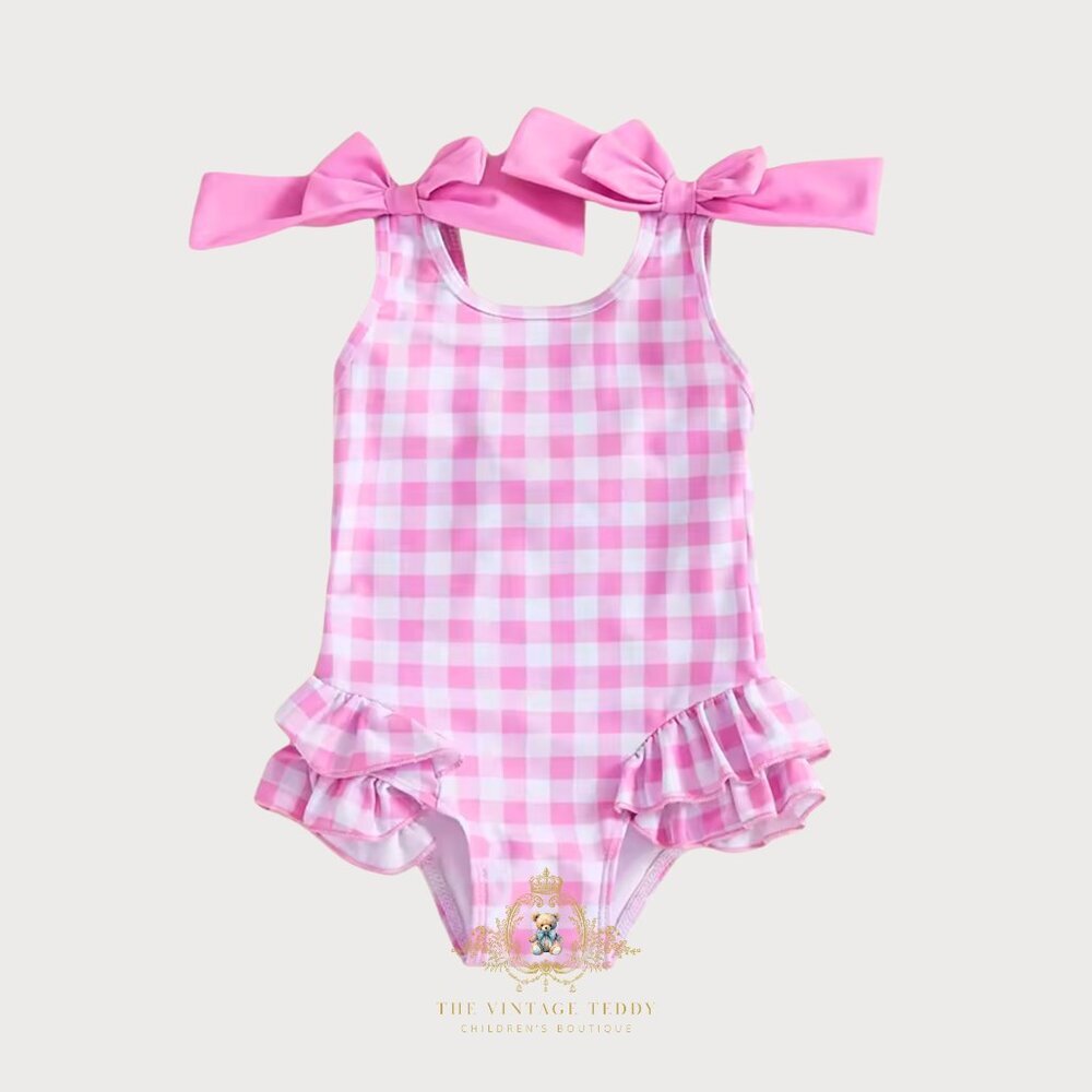 NWT Pretty Girls One-Piece Swimsuit Kids Swimwear Gingham Pink & White 6-12M